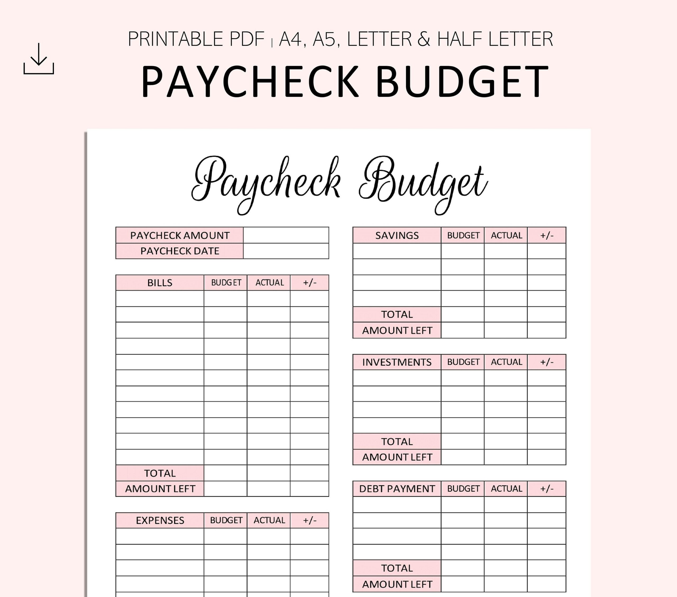 Paycheck Budget Printable PDF A4 A5 Letter Half Letter 