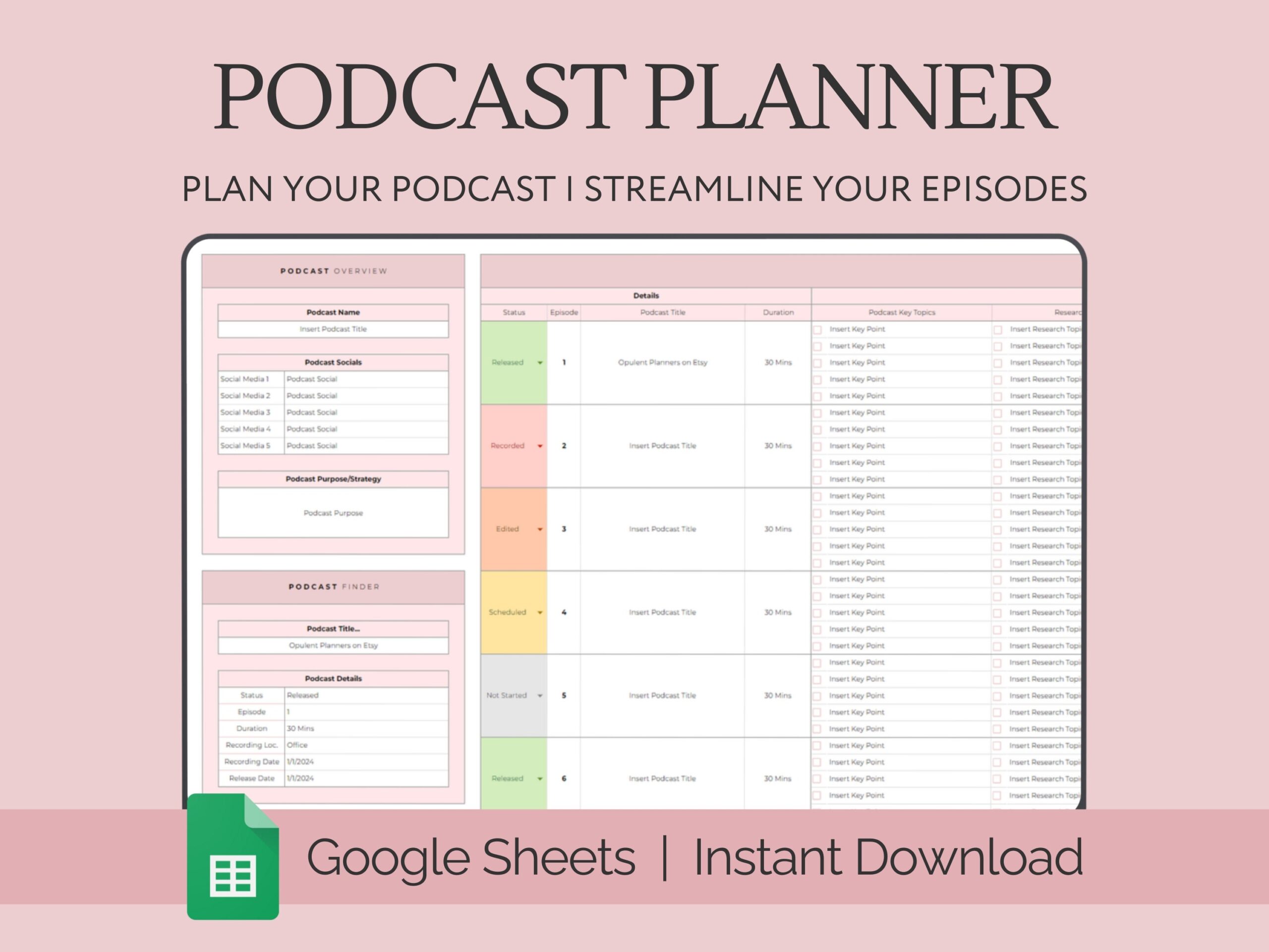 Podcast Planner Template Google Sheets Spreadsheet Digital 