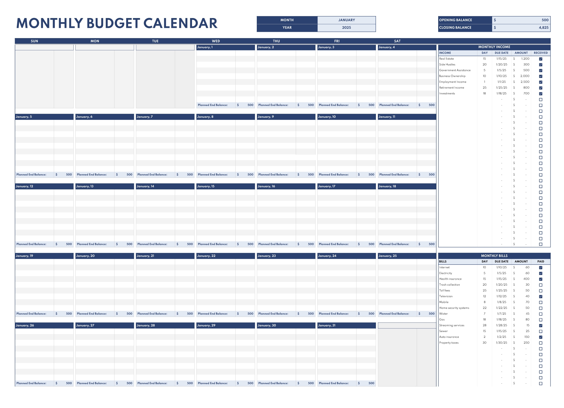 Monthly Calendar Budget Template