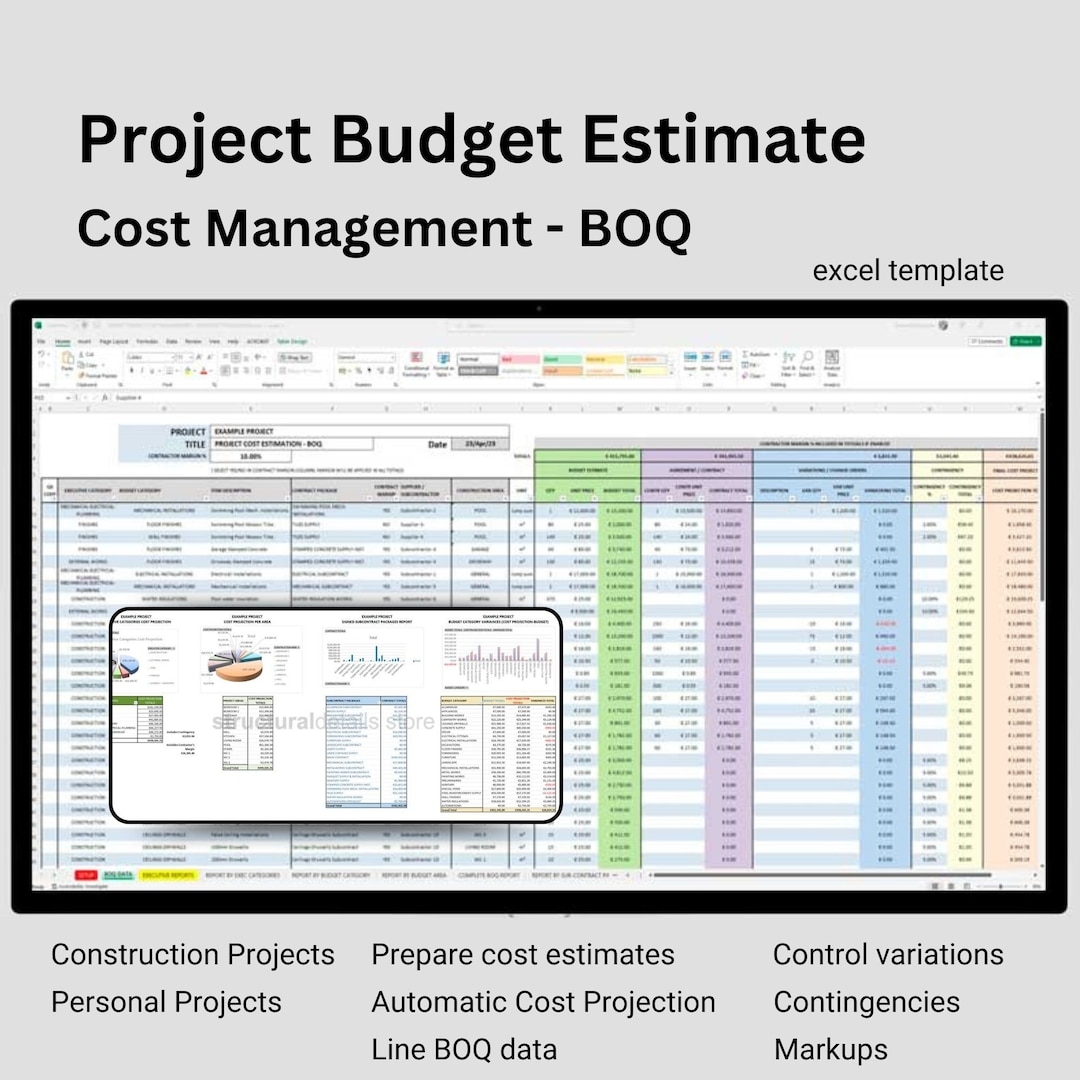 Project Budget Estimate And Cost Management Excel Spreadsheet Template Simple BOQ Analysis Track All Project Budget Costs Forecast Costs Etsy