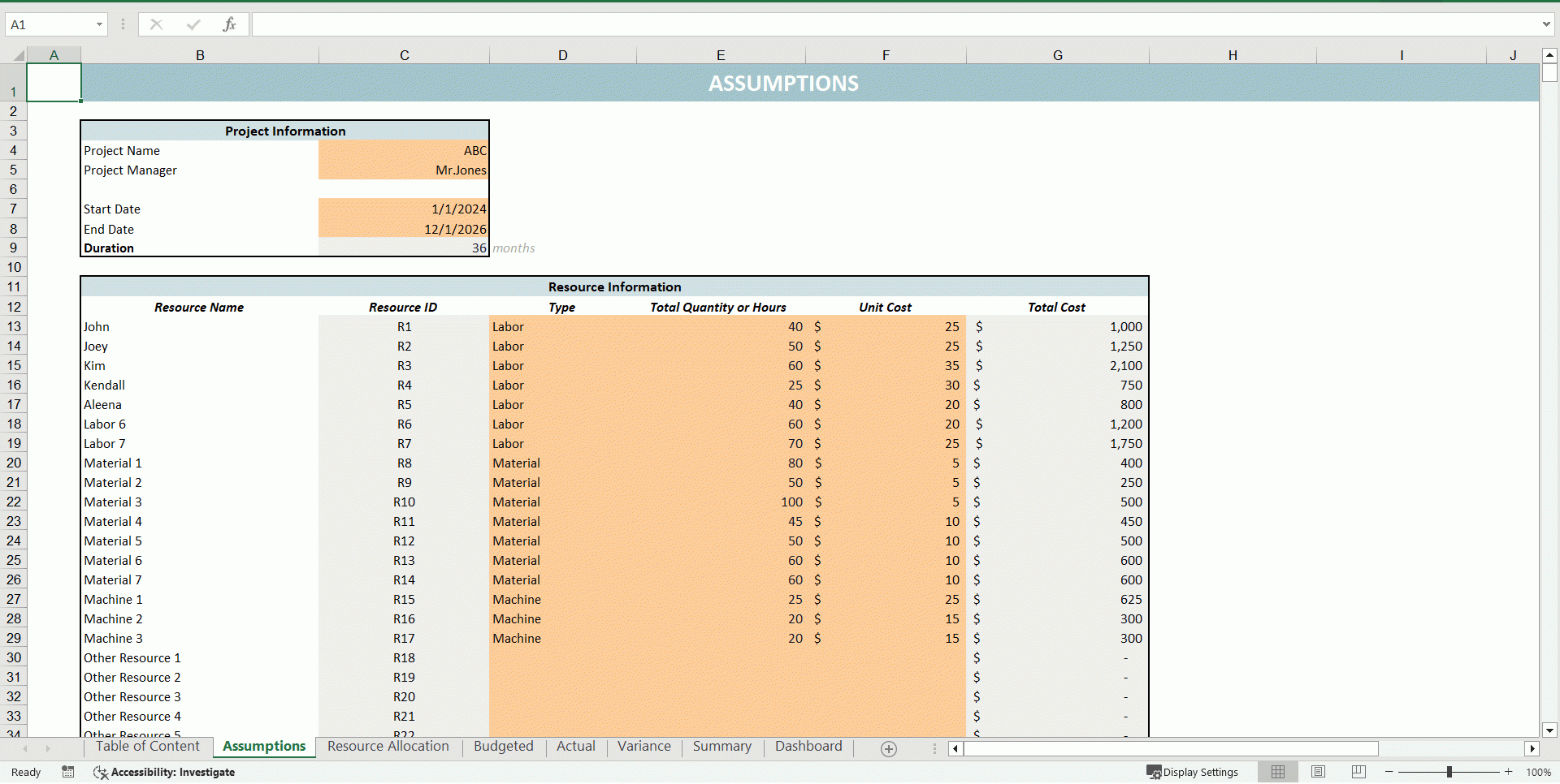 Project Budget Template Excel