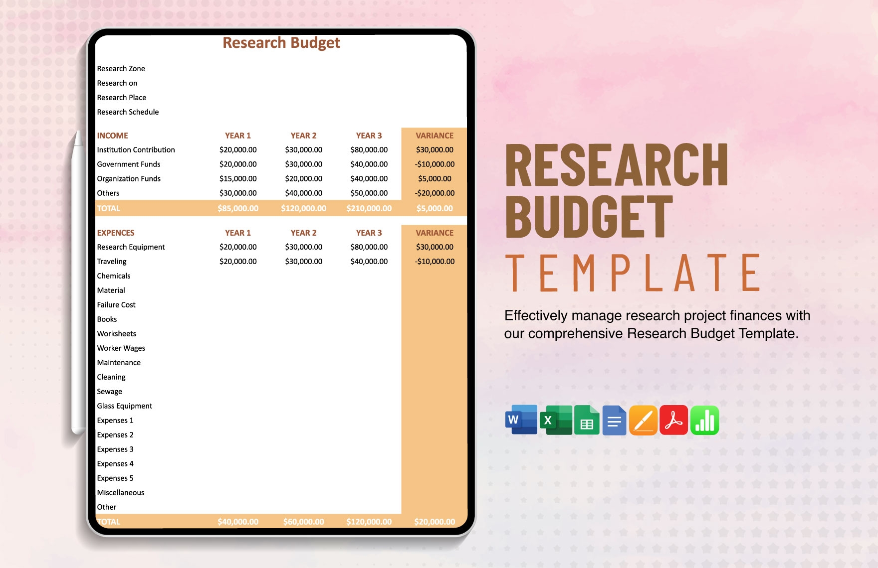 Research Budget Template In Google Docs Google Sheets PDF Apple Pages Word Apple Numbers Excel Download Template