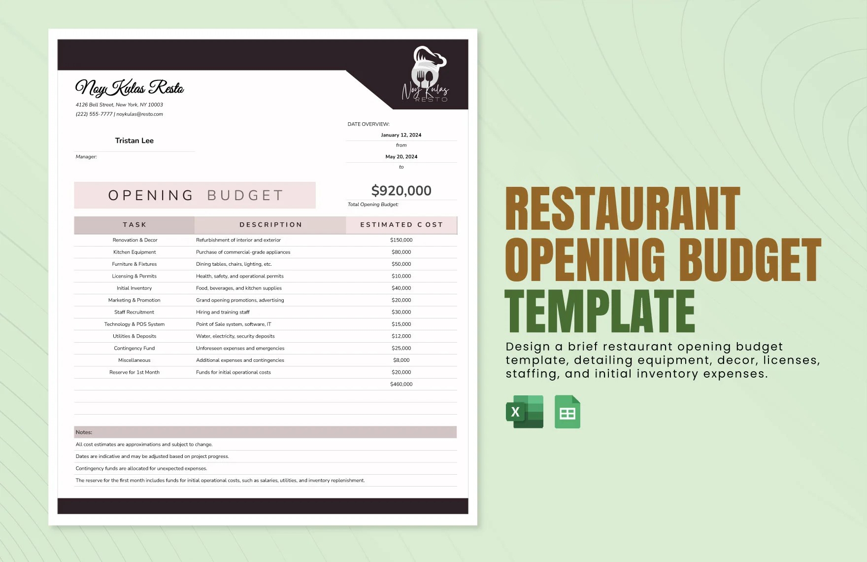 Restaurant Renovation Budget Template