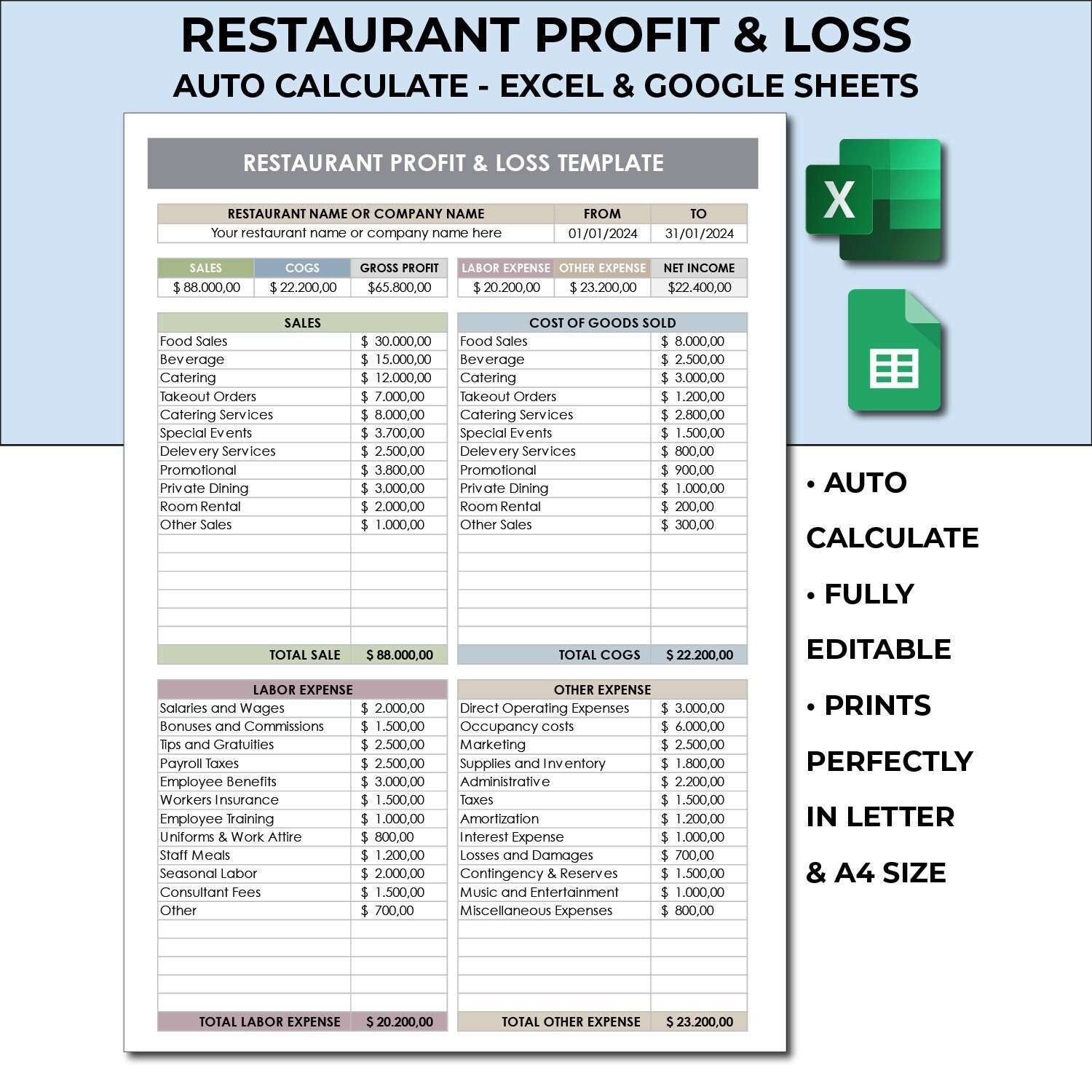 Restaurant Monthly Budget Template