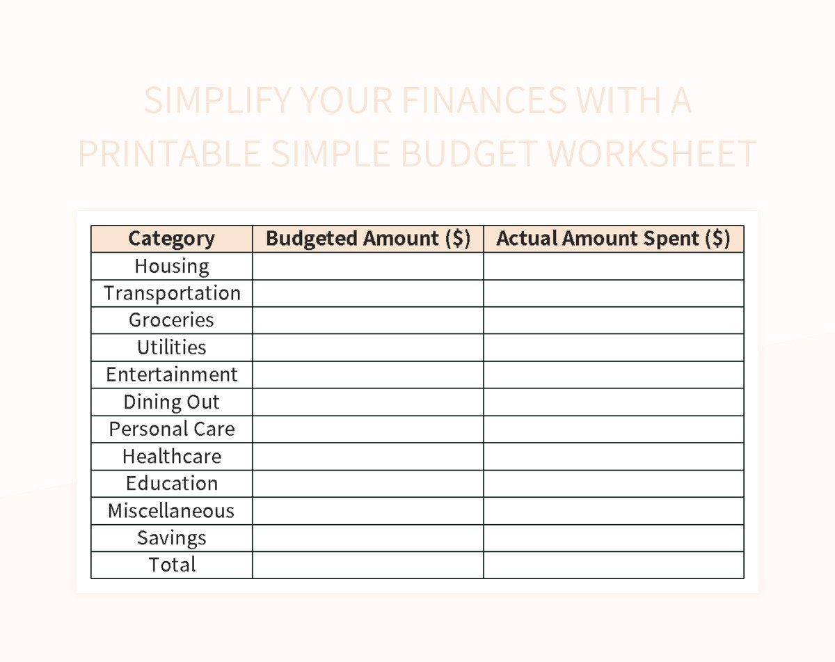Simplify Your Finances With A Printable Simple Budget Worksheet Excel Template And Google Sheets File For Free Download Slidesdocs