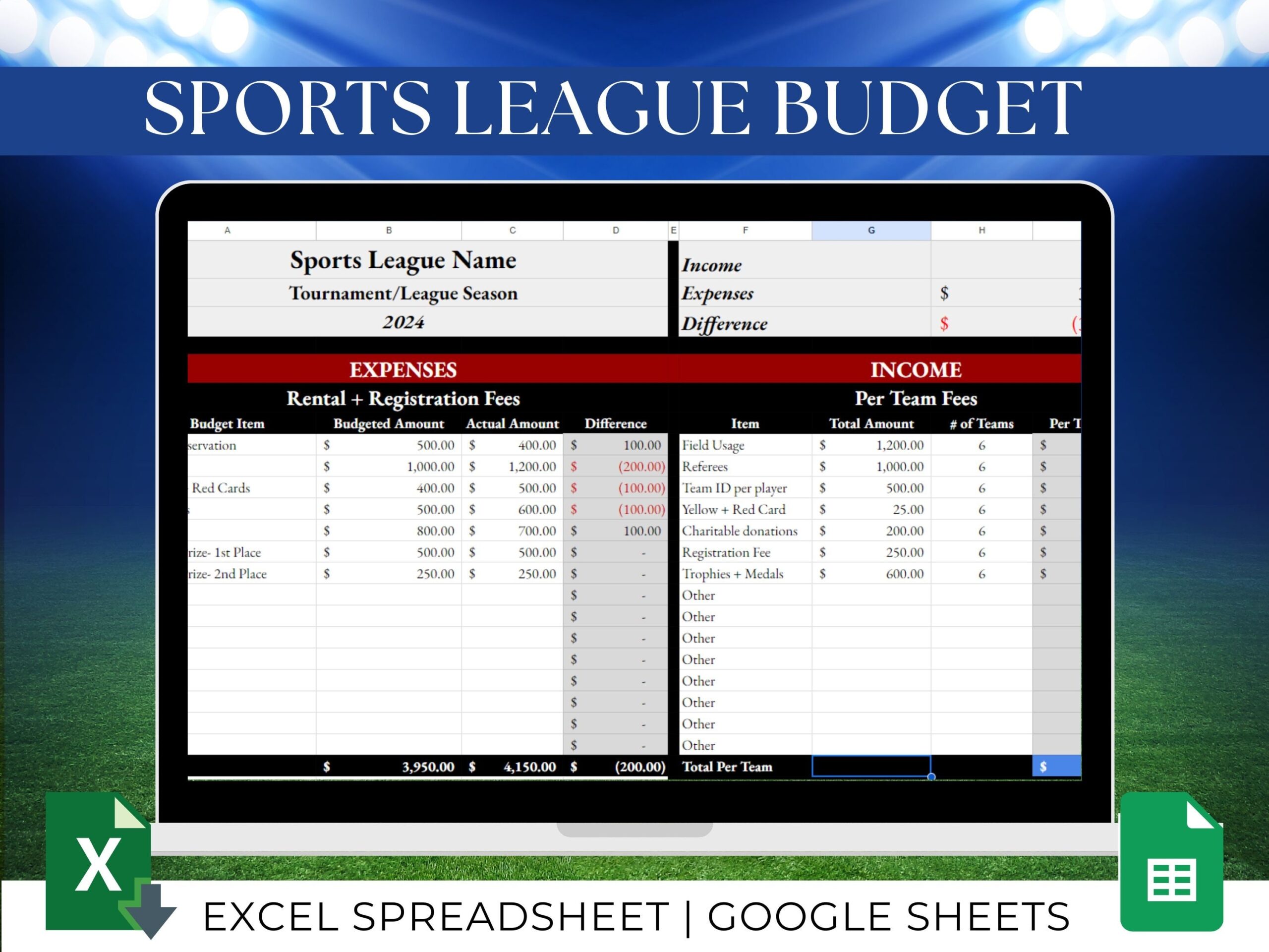Sports League Budget Template Youth Sports Tournament Budget Spreadsheet Adult Rec League Sports Team Manager Expenses Form Tracker Coach Etsy