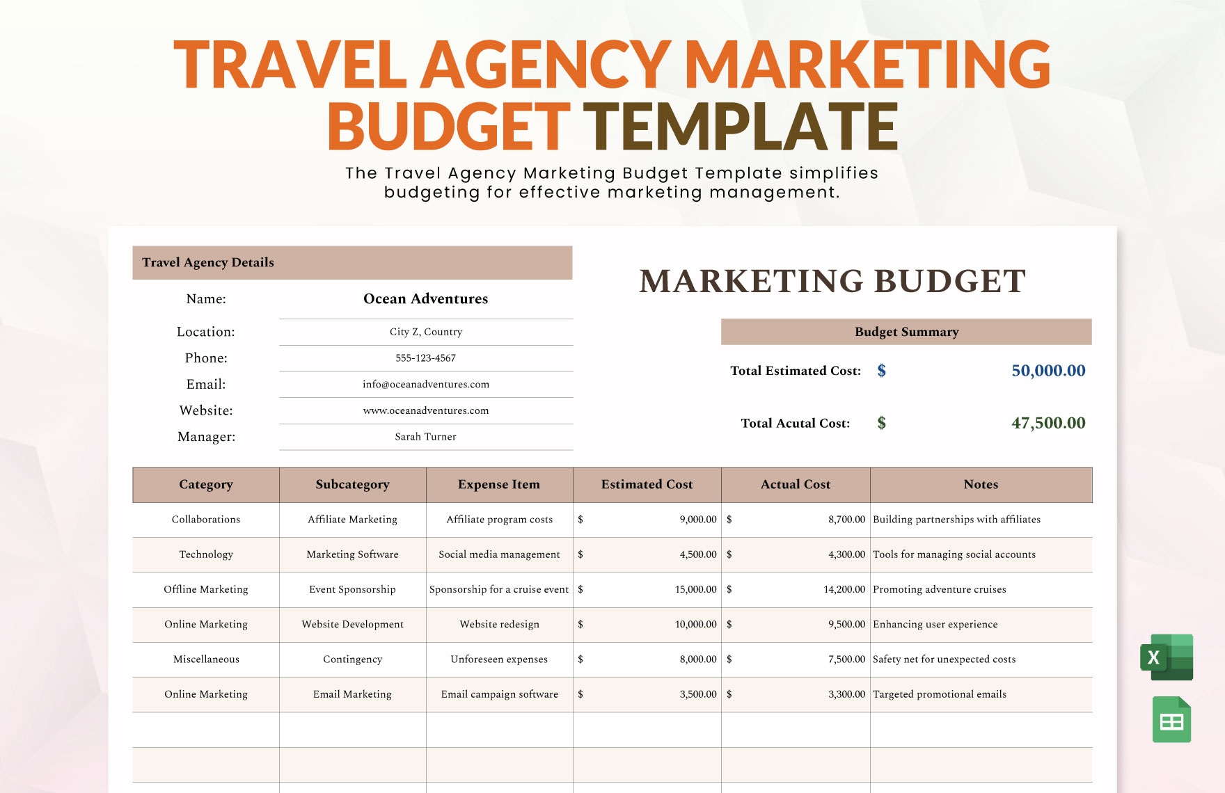 Travel Agency Marketing Budget Template In Excel Google Sheets Download Template