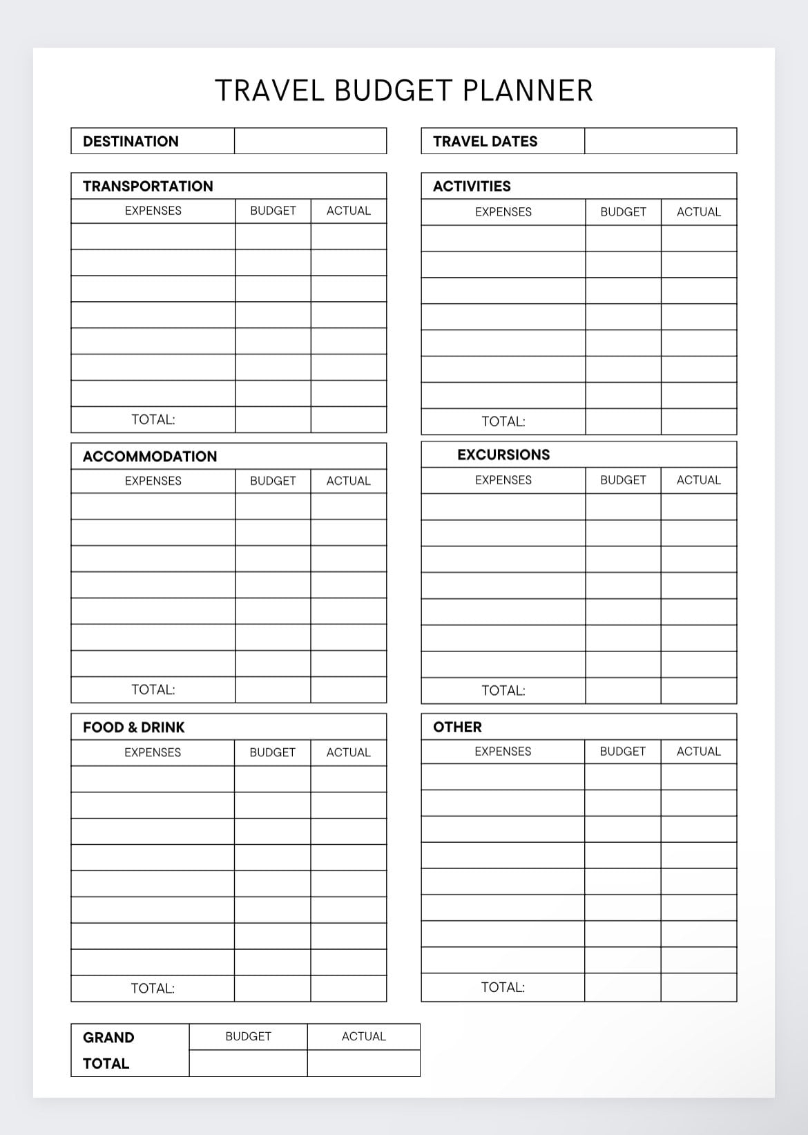 Travel Budget Worksheet Template