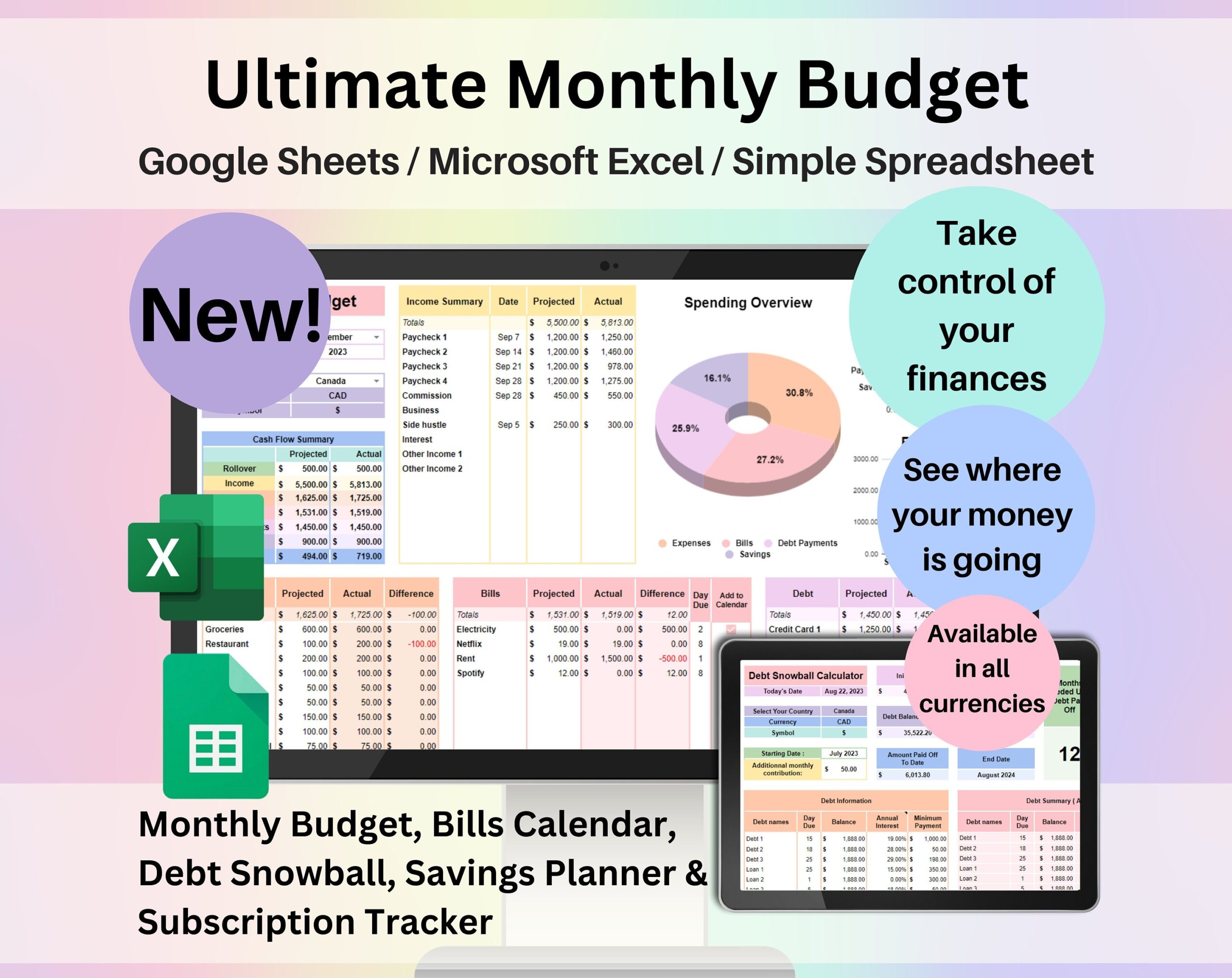 Ultimate Monthly Budget Spreadsheet Google Sheets Excel Template Digital Financial Planner Debt Snowball Sinking Fund Subscription Tracker Etsy