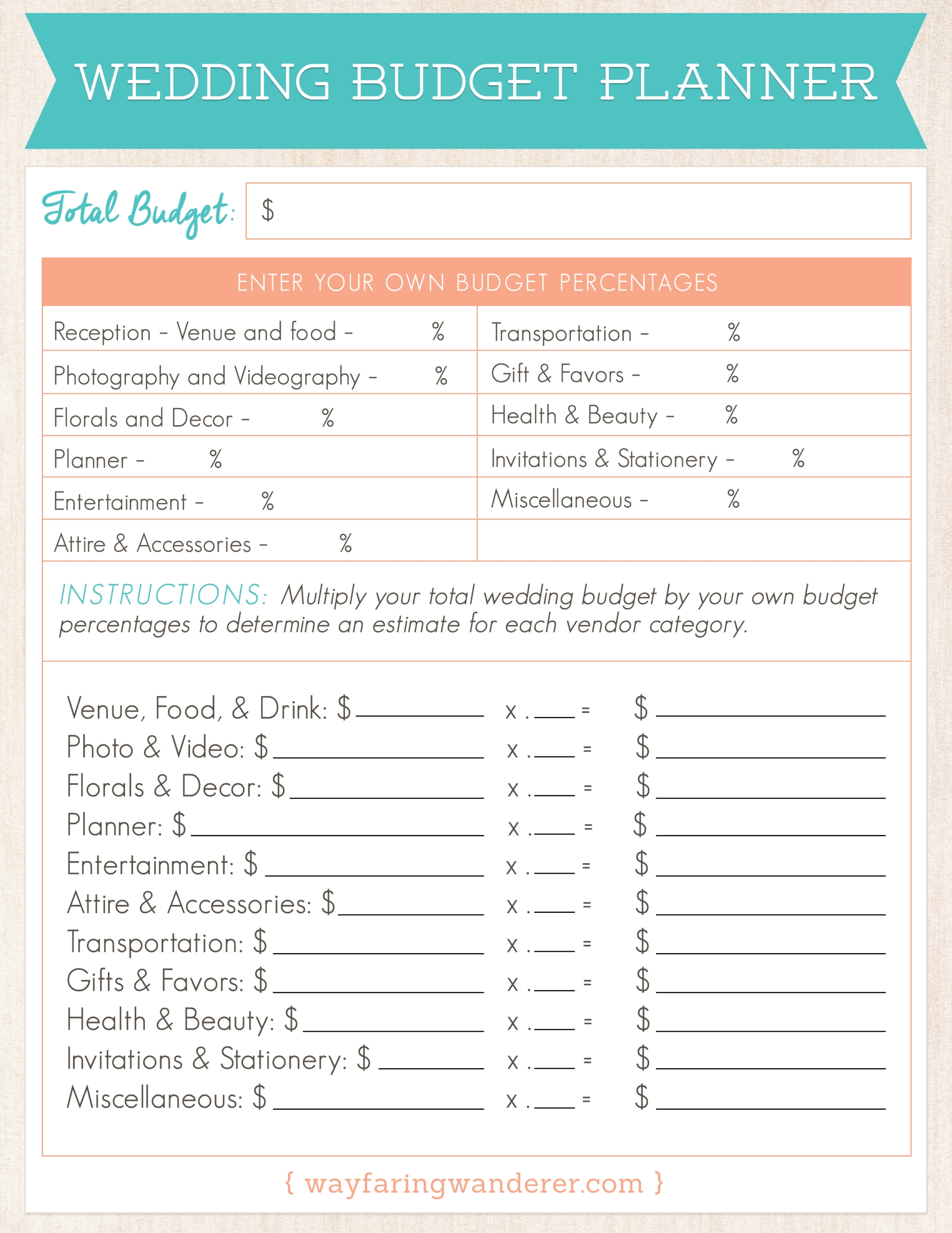 Wedding Planning Budget Worksheet Wayfaring Wanderer Boone NC 