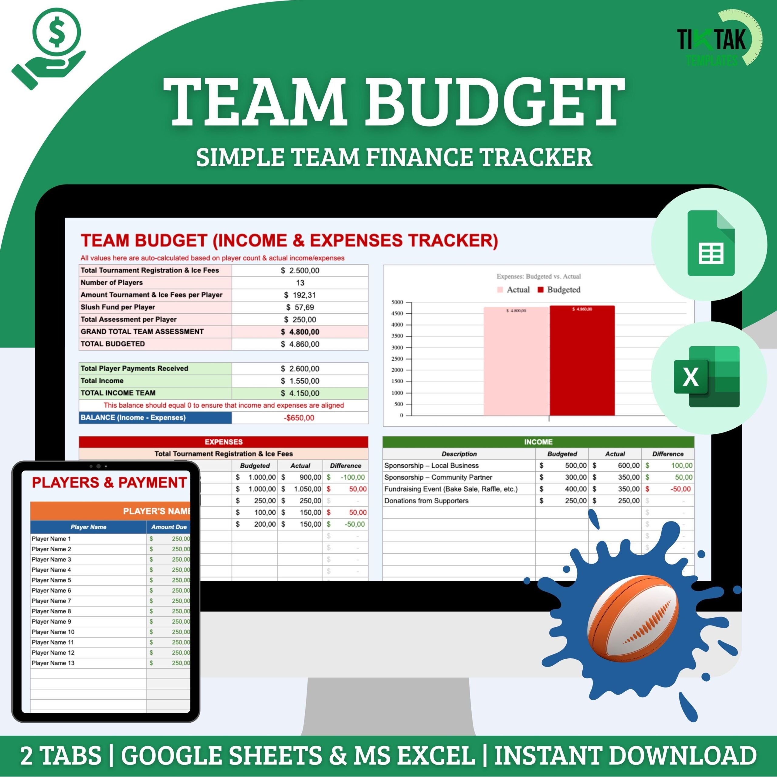 Youth Sports Team Budget Spreadsheet Etsy