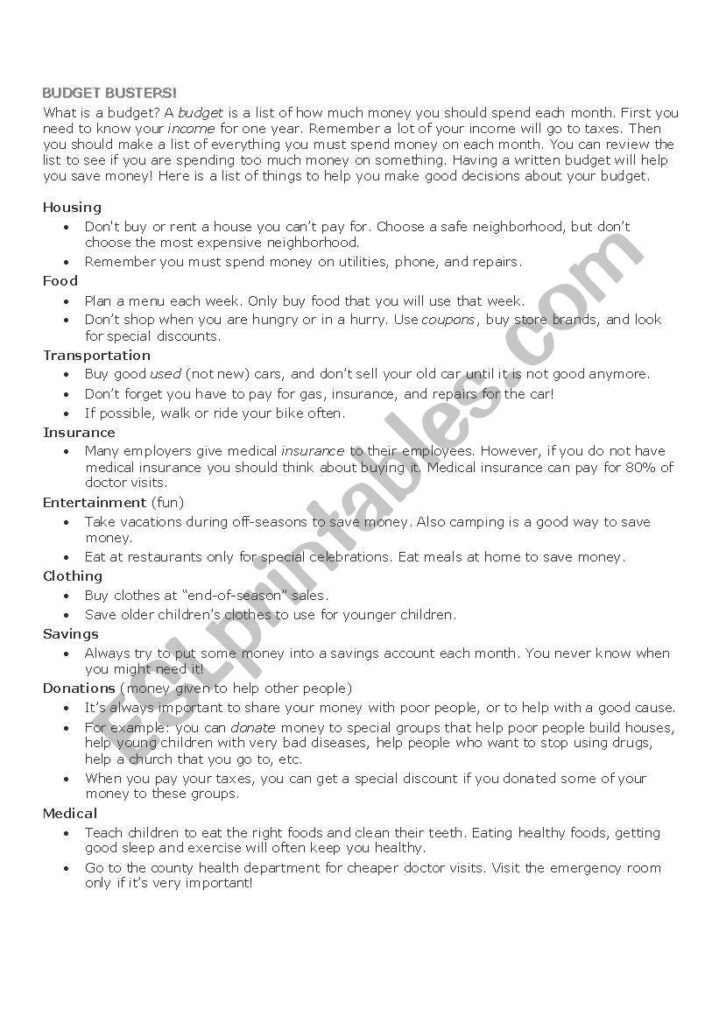 Budget Busters Worksheet Answer Key - Budget Busters Worksheet | Budgeting Worksheets