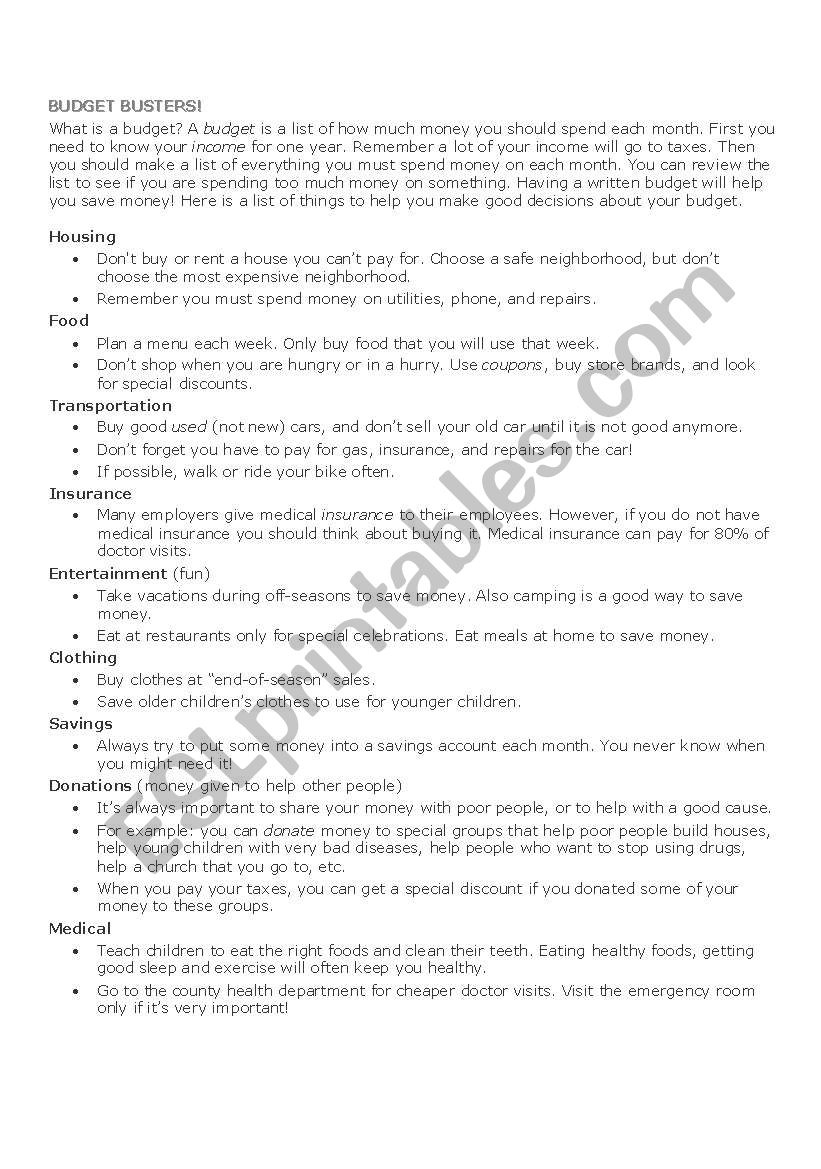 Budget Busters Worksheet Answer Key - Budget Busters Worksheet | Budgeting Worksheets