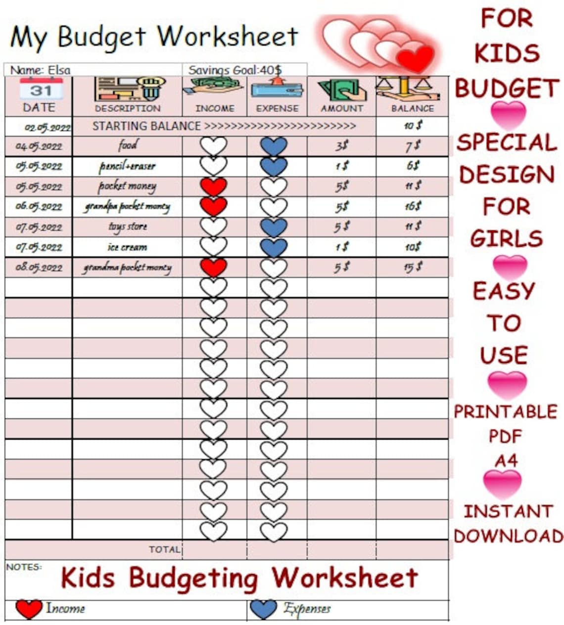 Budget Worksheet Printable For Students - My Budget Worksheet/budget Worksheet for Kids/pocket Money Tracker ...