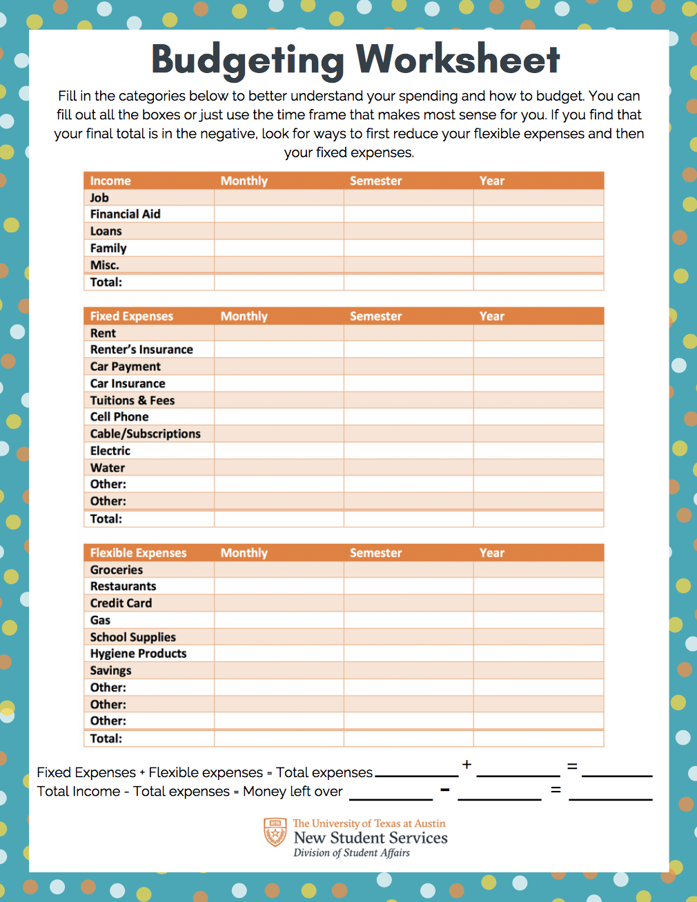 Budgeting For High School Students Worksheet - Budgeting Worksheet | Off-Campus Living Resources - Worksheets Library