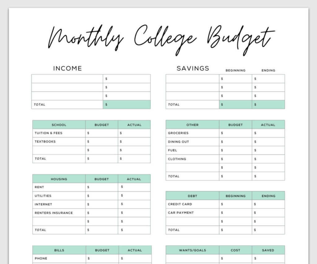 》Printable College Budget Template