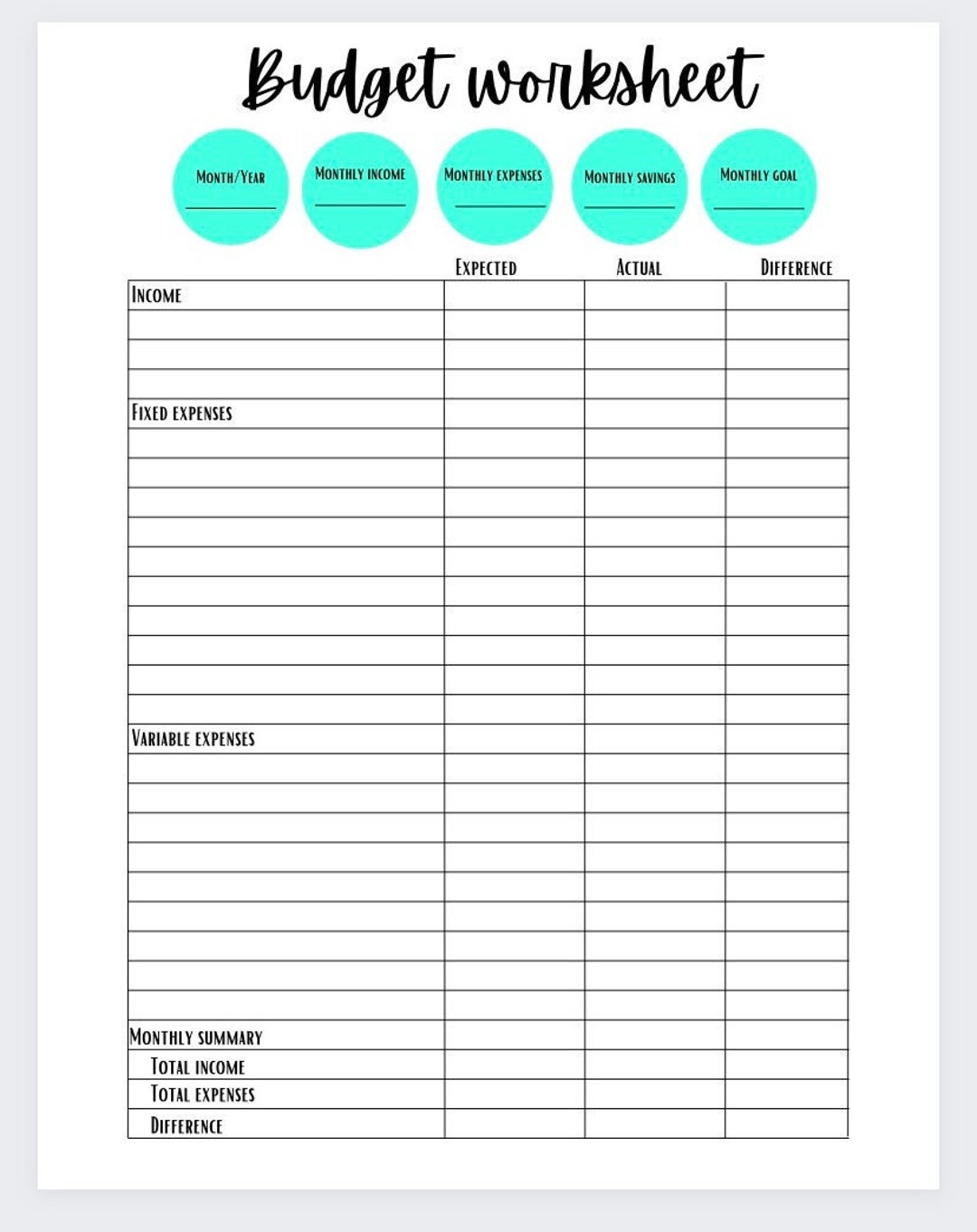 Free Printable Budget Worksheets For Students - Simple Budget Worksheet - Etsy