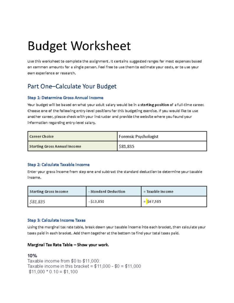 Personal Budget Worksheet Answer Key