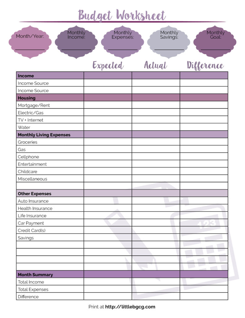 Printable Budget Worksheet - Little Us - Worksheets Library