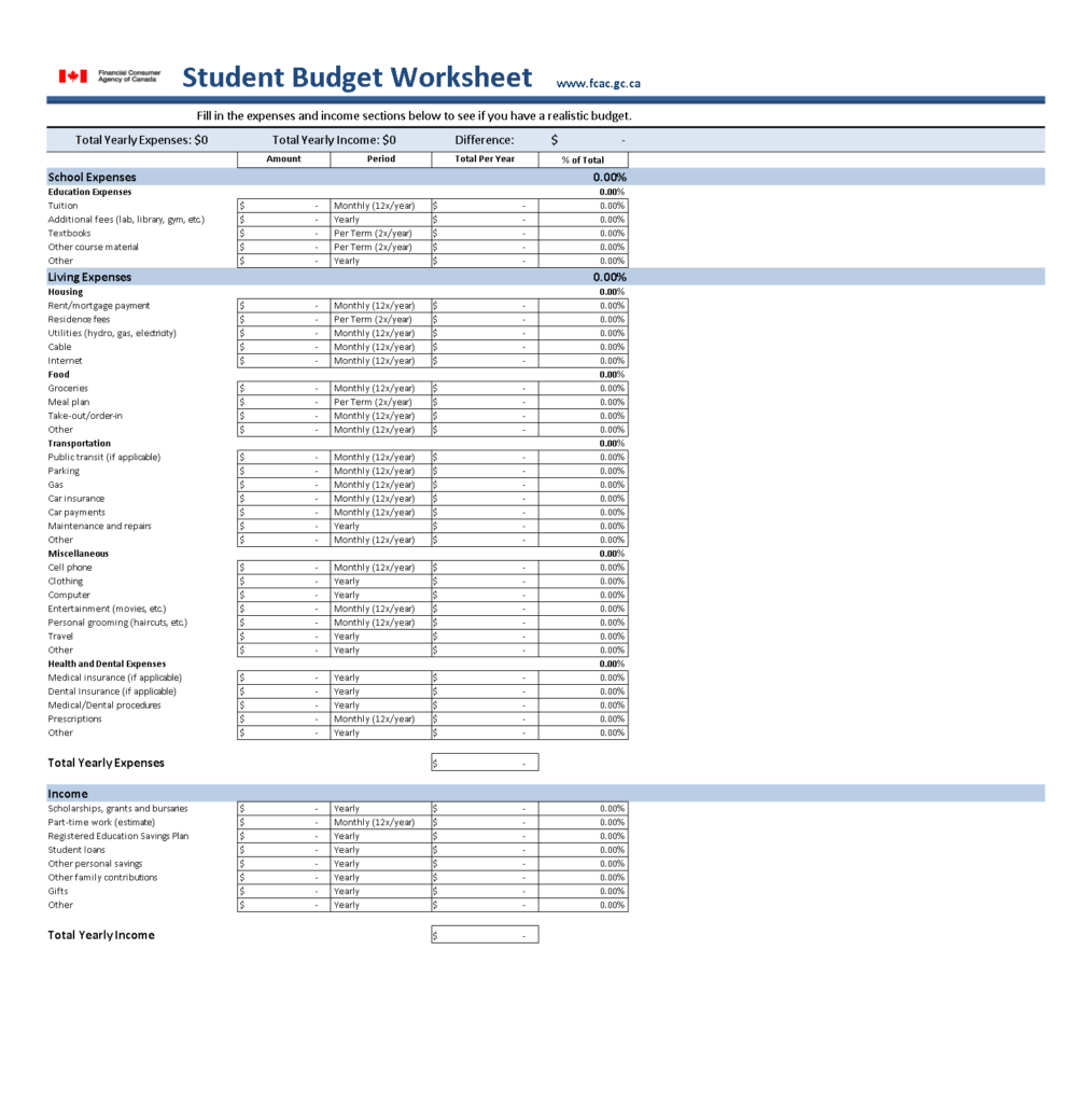 Student Monthly Budget Worksheet Template