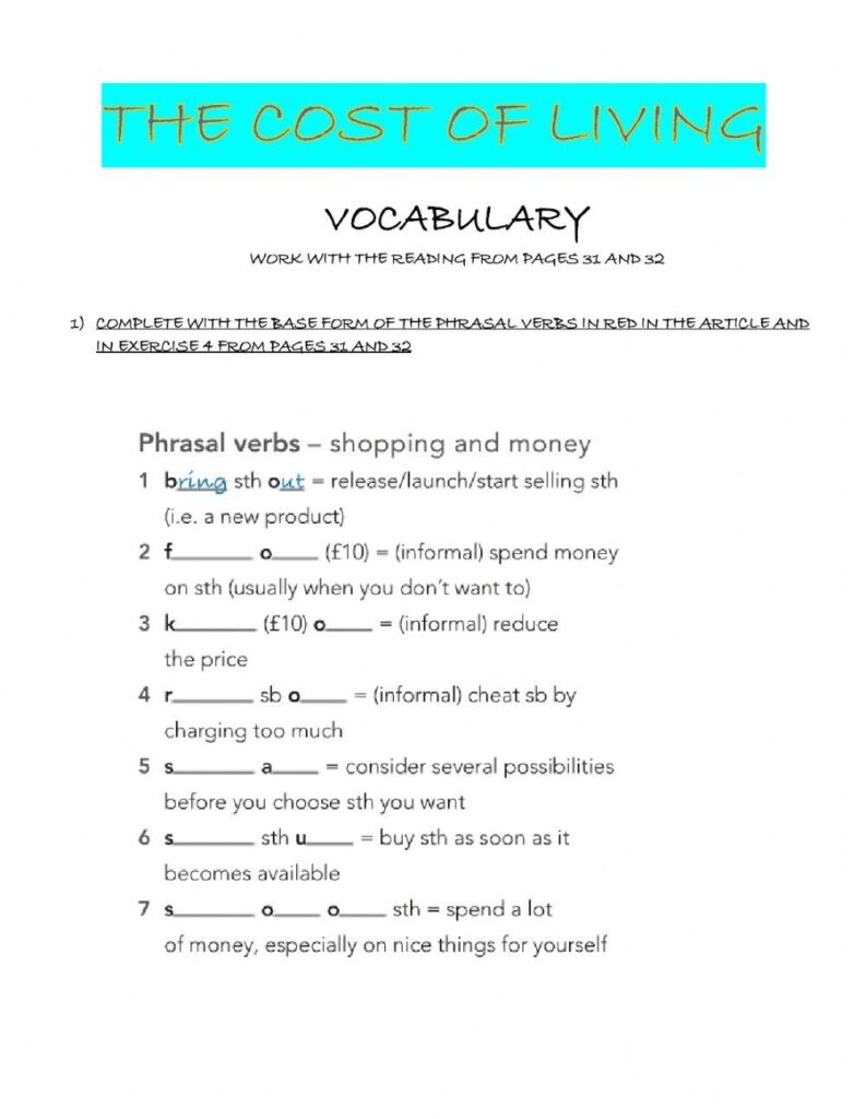 THE COST OF LIVING: VOCABULARY online exercise for - Worksheets Library